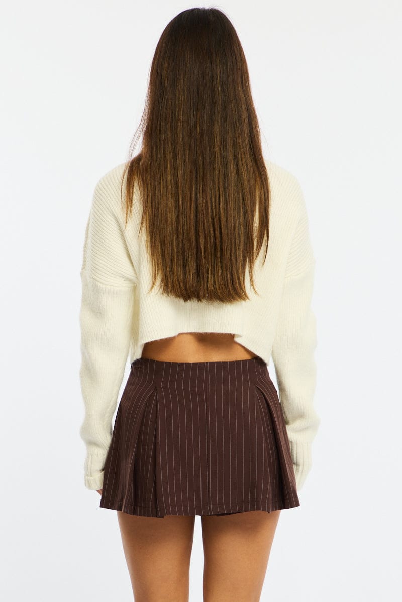 Brown Stripe Mini Skort Skirt High Waisted Lined for Ally Fashion