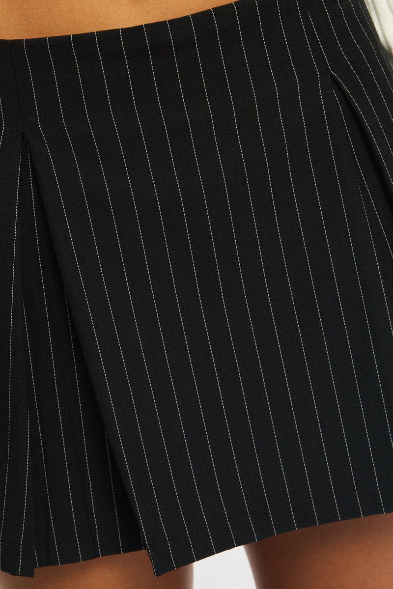 Black Stripe Mini Skort Skirt High Waisted Lined for Ally Fashion
