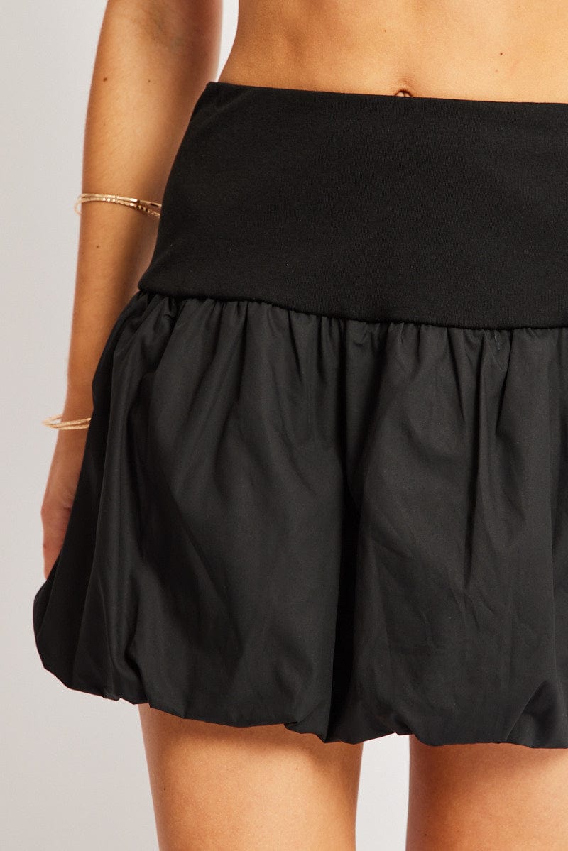 Black Bubble Skirt High Rise Rib Waist Mini Balloon for Ally Fashion