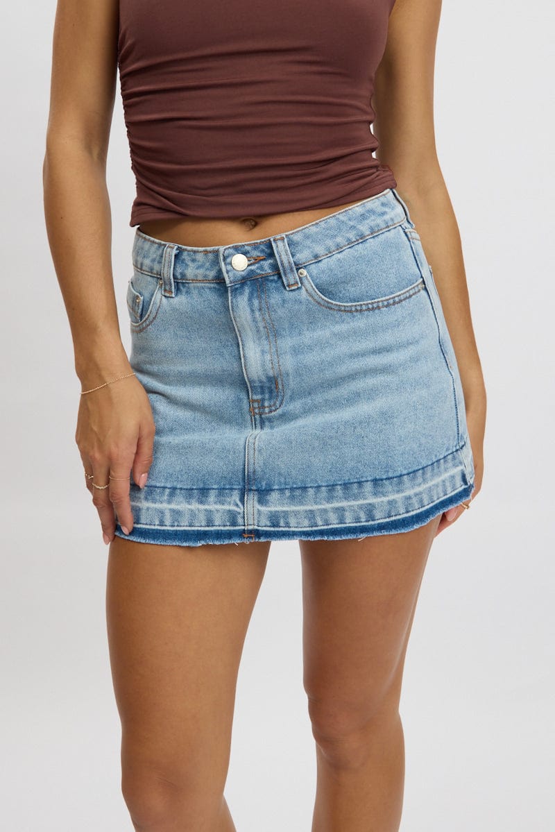 Denim Mini Skirt Mid Rise Let down Hem for Ally Fashion