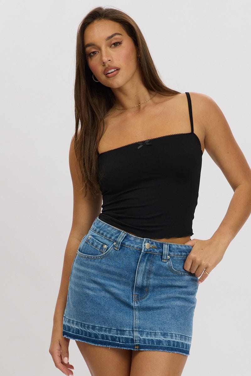 Denim Mini Skirt Mid Rise Let down Hem for Ally Fashion