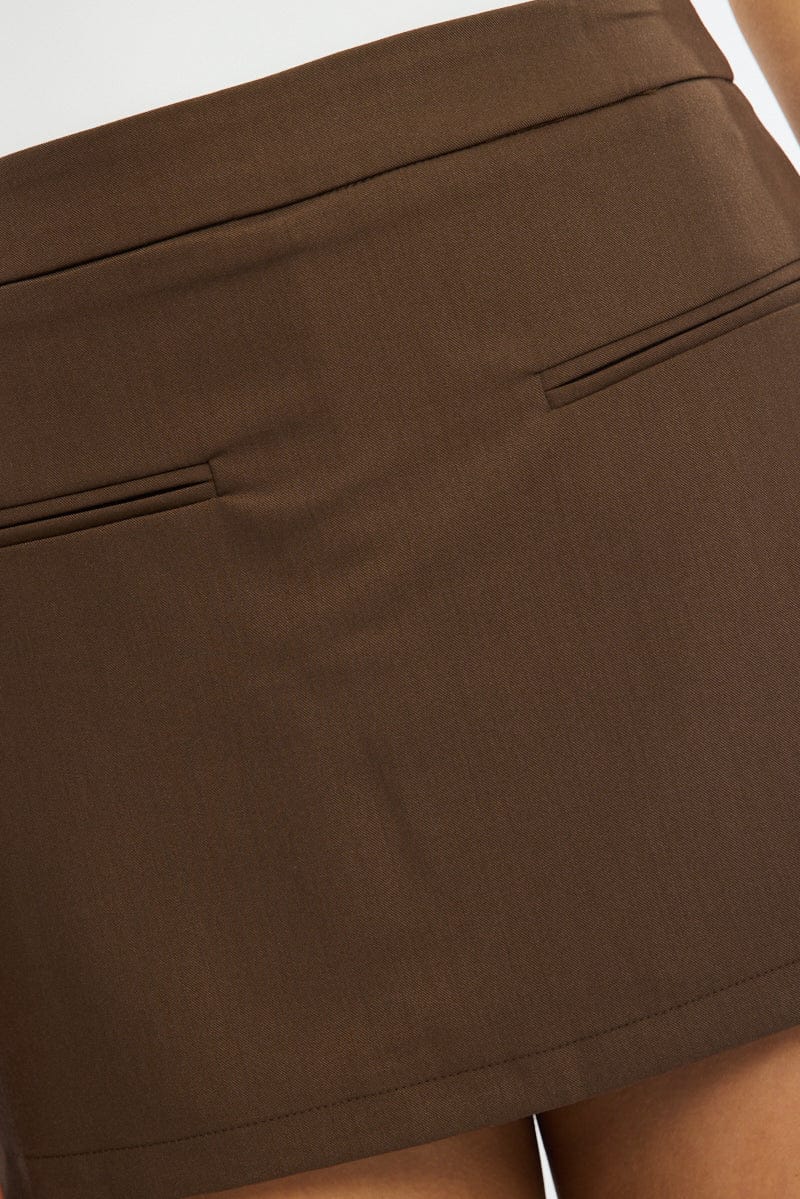 Brown Mini Skort Skirt High Rise Pocket Detail Tailored for Ally Fashion