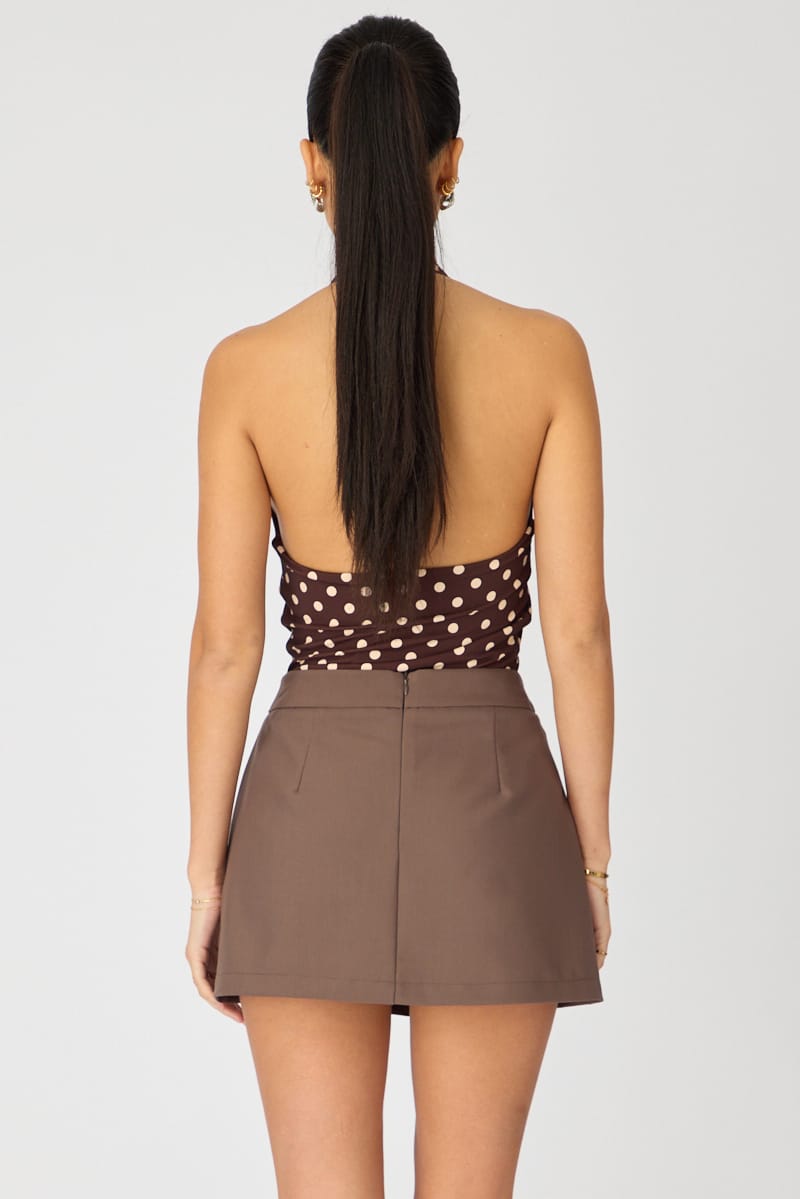 Brown Mini Skort Skirt High Rise Pocket Detail Tailored for Ally Fashion