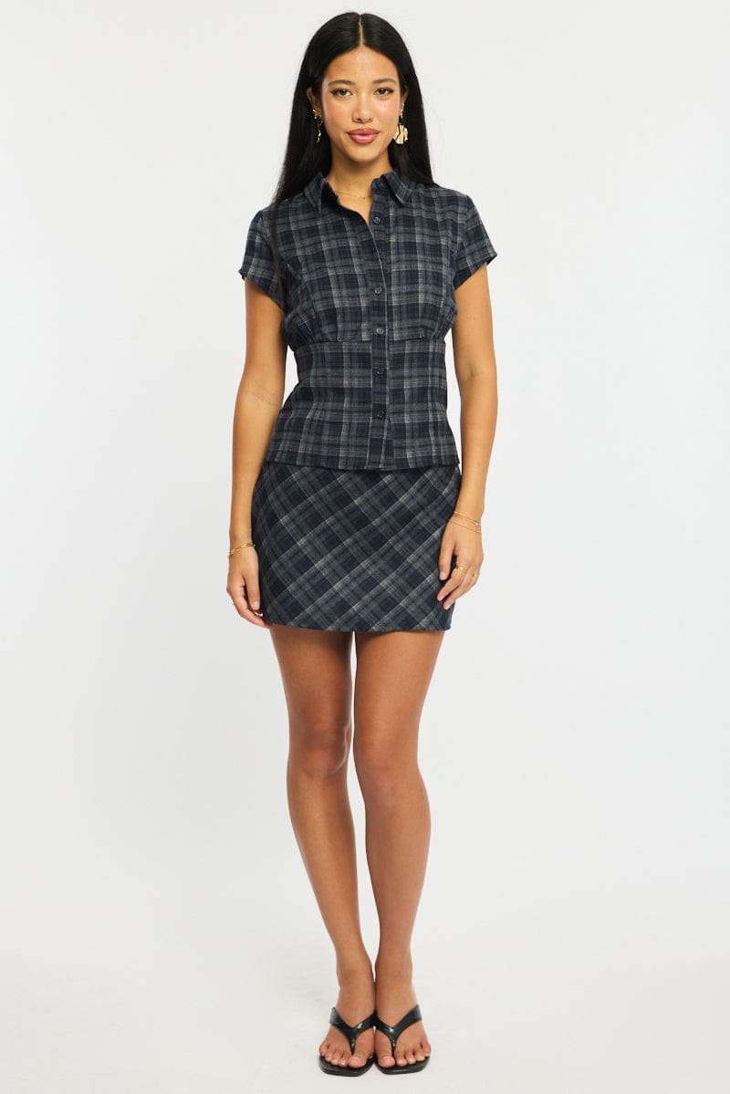 Blue Check Mini Skort Skirt Mid Rise A-line Shorts Lined for Ally Fashion