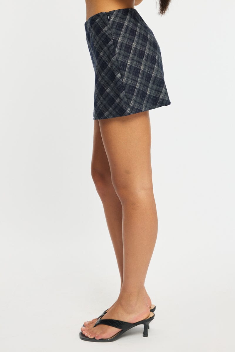 Blue Check Mini Skort Skirt Mid Rise A-line Shorts Lined for Ally Fashion