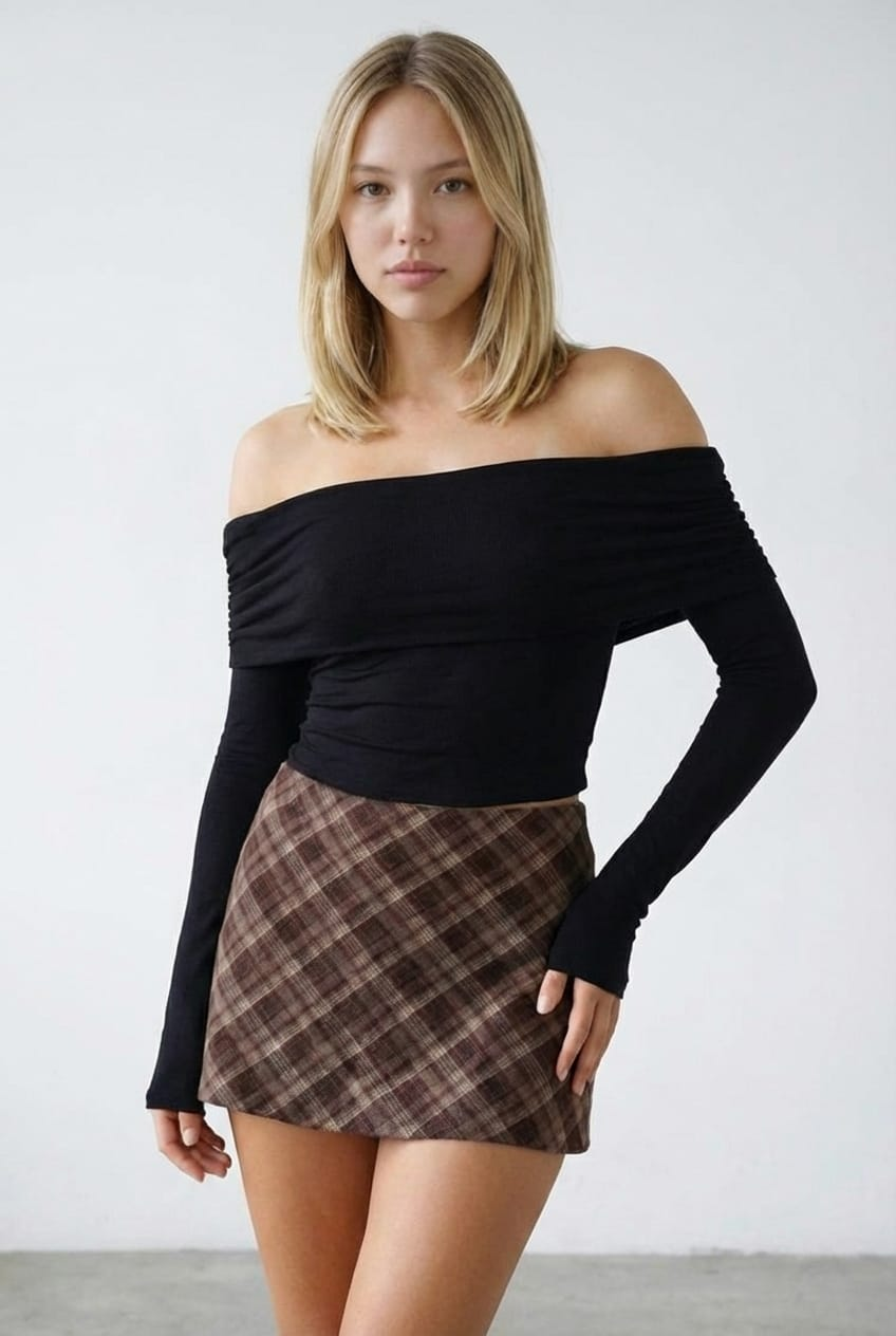 Brown Check Mini Skort Skirt Mid Rise A-line Shorts Lined for Ally Fashion