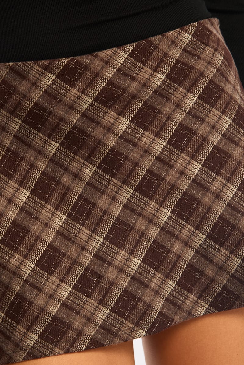 Brown Check Mini Skort Skirt Mid Rise A-line Shorts Lined for Ally Fashion