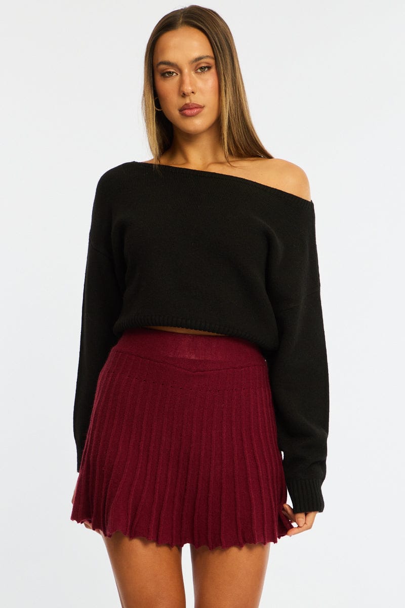 Red Knit Skort Skirt High Waisted Shorts Pleated for Ally Fashion