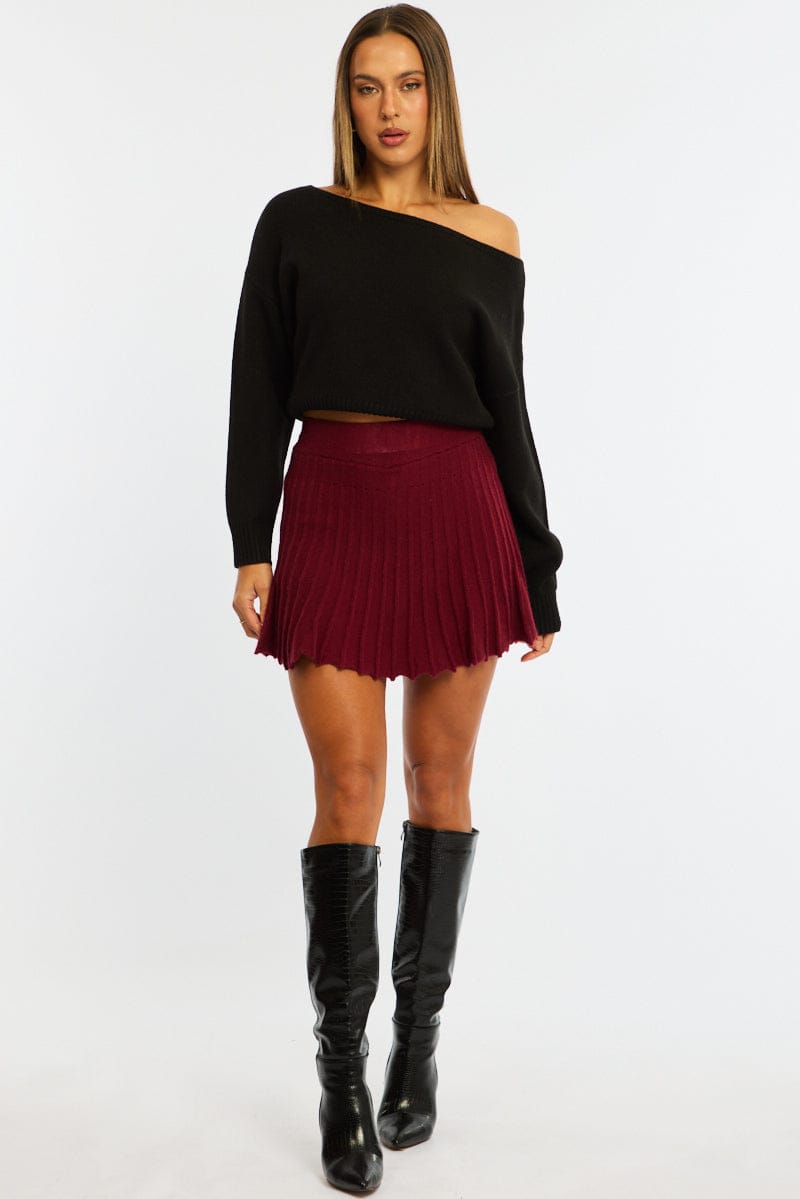 Red Knit Skort Skirt High Waisted Shorts Pleated for Ally Fashion