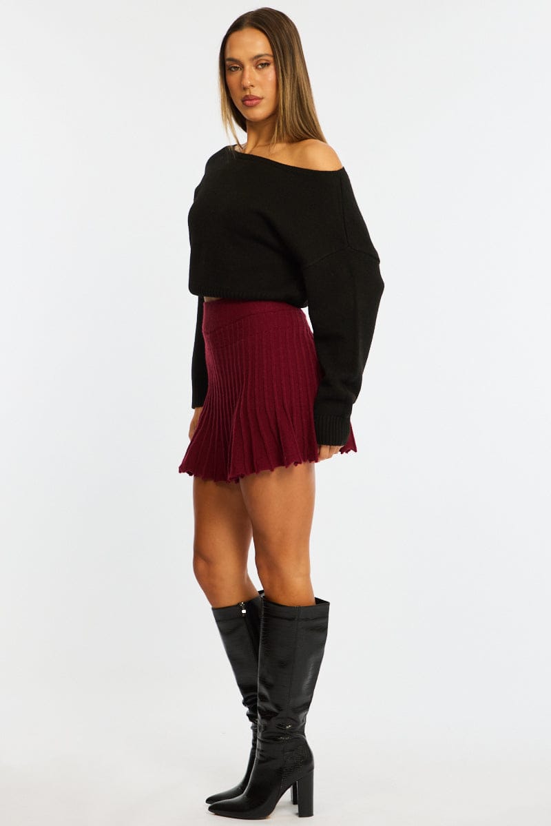 Red Knit Skort Skirt High Waisted Shorts Pleated for Ally Fashion