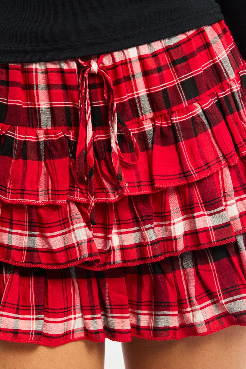 Red Check Mini Skirt Skort Ruffled Layered Shorts Lining | Ally Fashion
