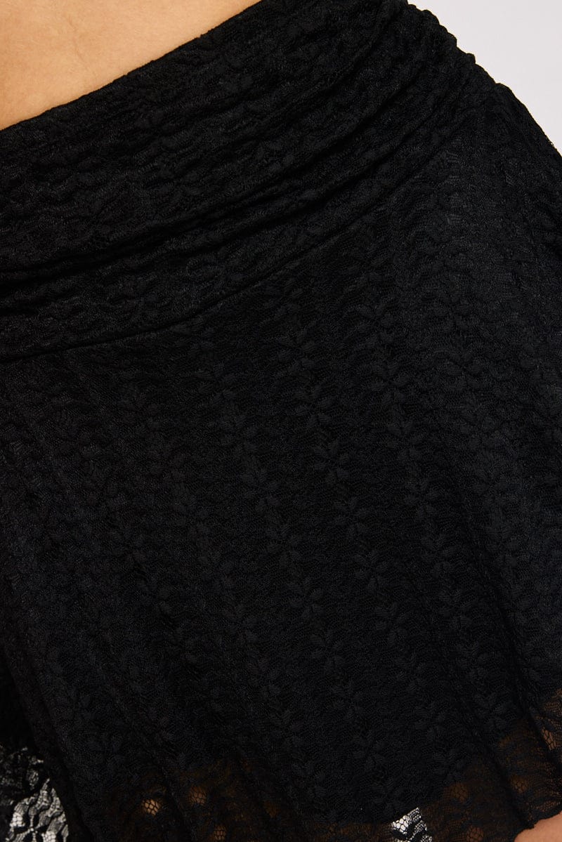 Black Mini Skort Skirt Elasticated Waist Scarf Hem Lace for Ally Fashion
