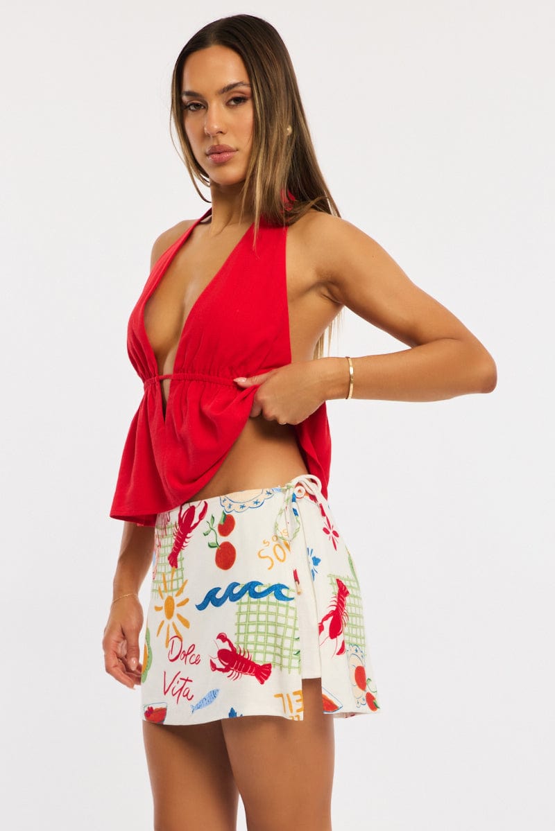 Multi Abstract Mini Skort Skirt Side Tie Shorts Lined Linen Blend for Ally Fashion