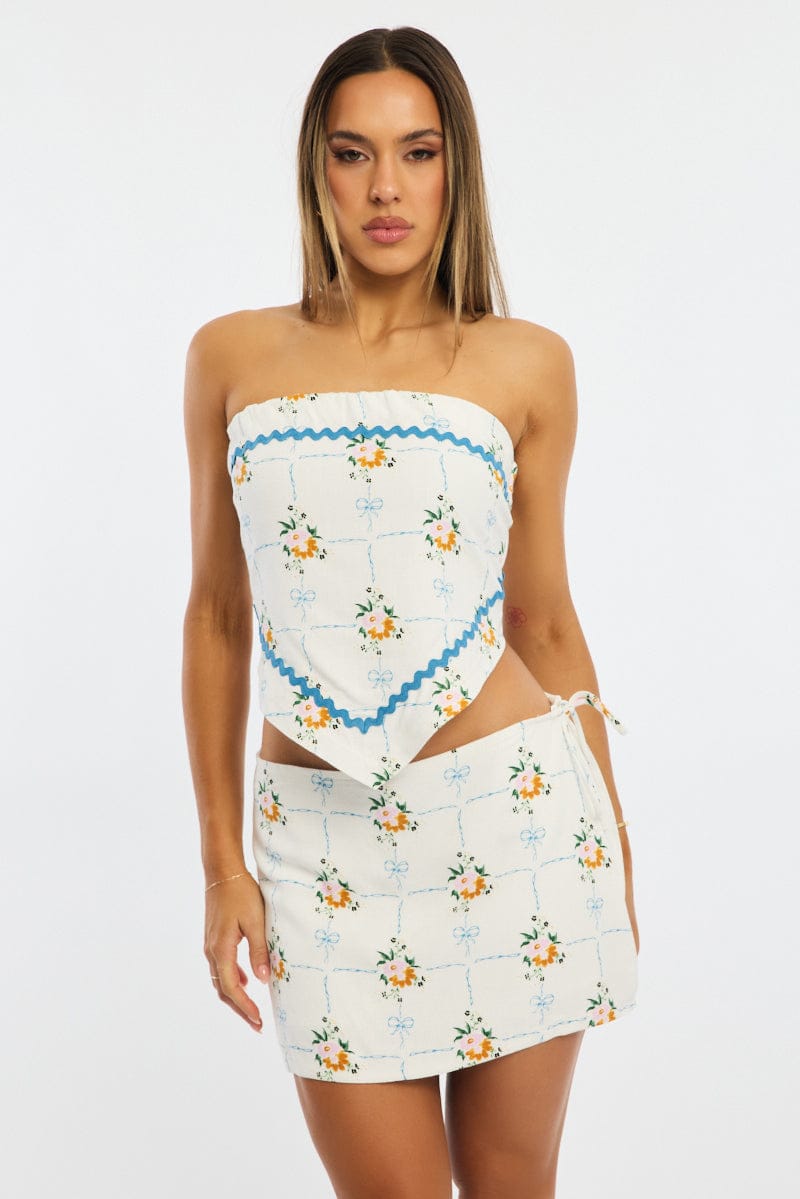White Floral Mini Skort Skirt Side Tie Shorts Lined Linen Blend for Ally Fashion