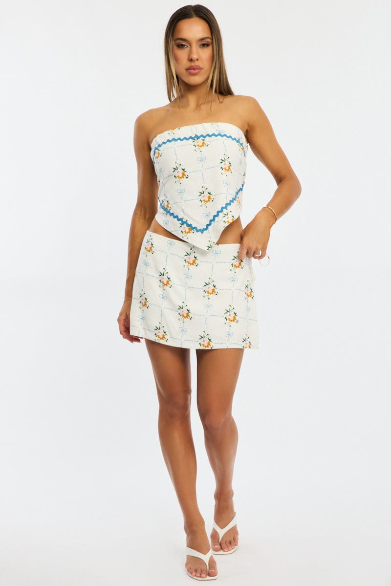 White Floral Mini Skort Skirt Side Tie Shorts Lined Linen Blend for Ally Fashion