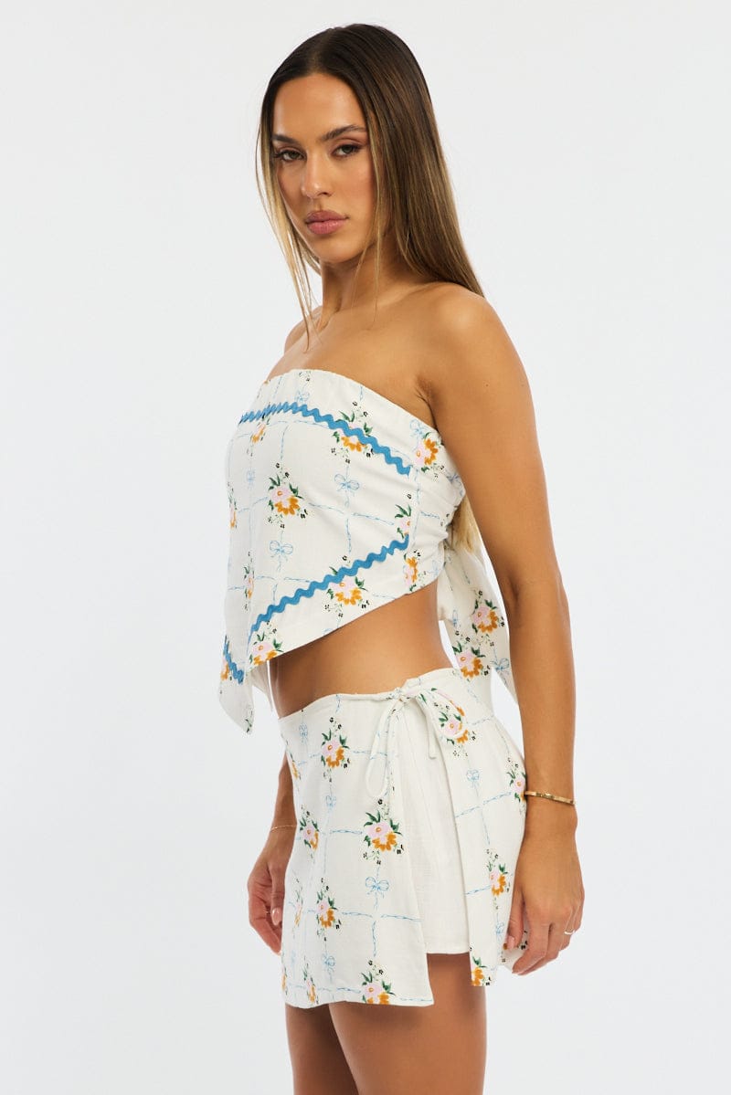 White Floral Mini Skort Skirt Side Tie Shorts Lined Linen Blend for Ally Fashion