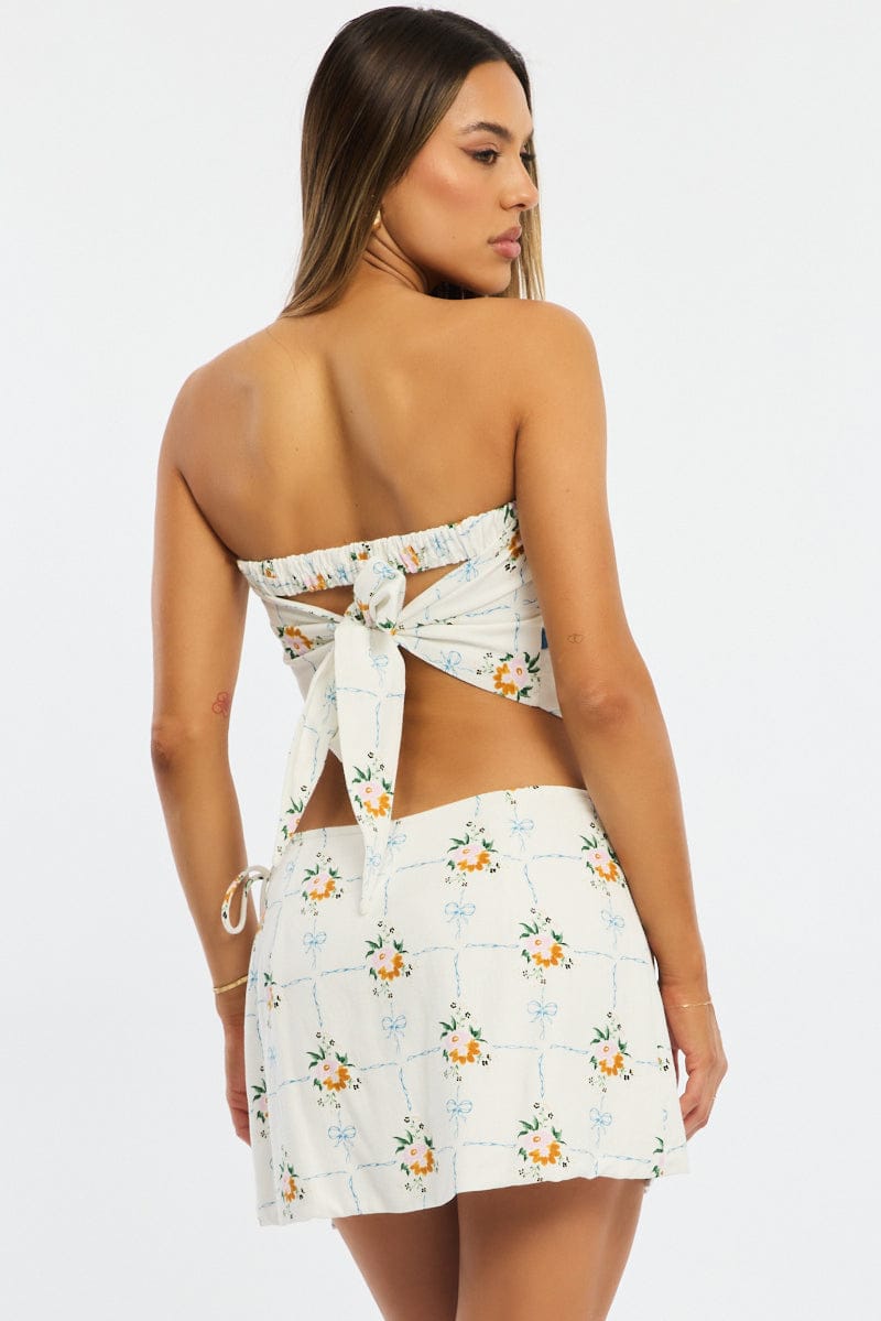 White Floral Mini Skort Skirt Side Tie Shorts Lined Linen Blend for Ally Fashion