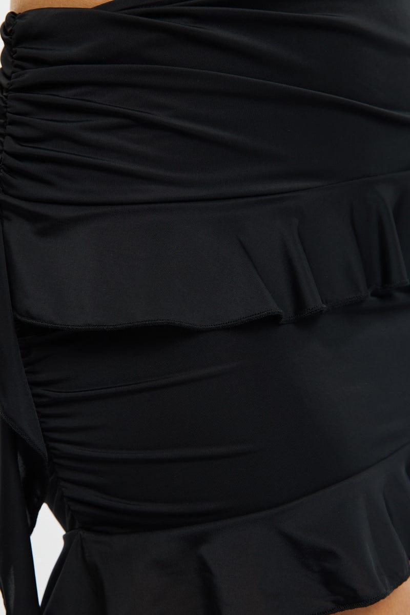 Black Mini Skirt Ruffled Elastic Wiast Stretch for Ally Fashion