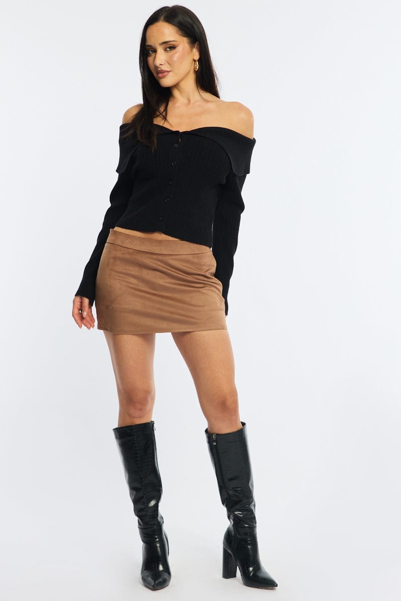 Beige Suede Mini Skort Skirt Mid Rise Faux Leather for Ally Fashion