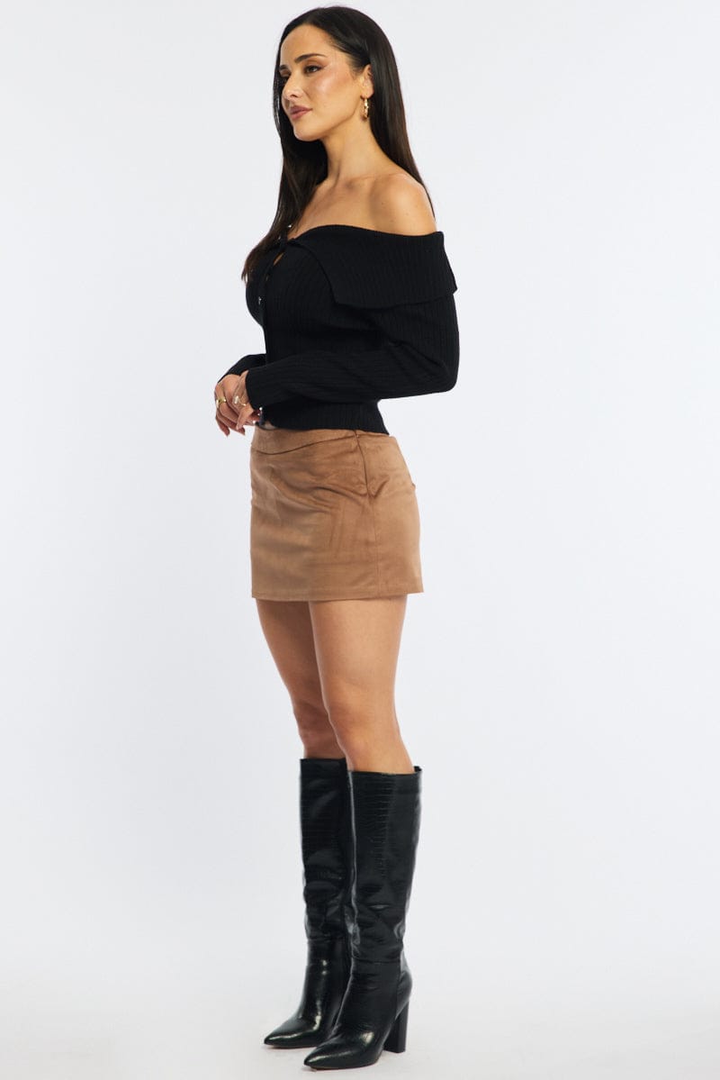 Beige Suede Mini Skort Skirt Mid Rise Faux Leather for Ally Fashion