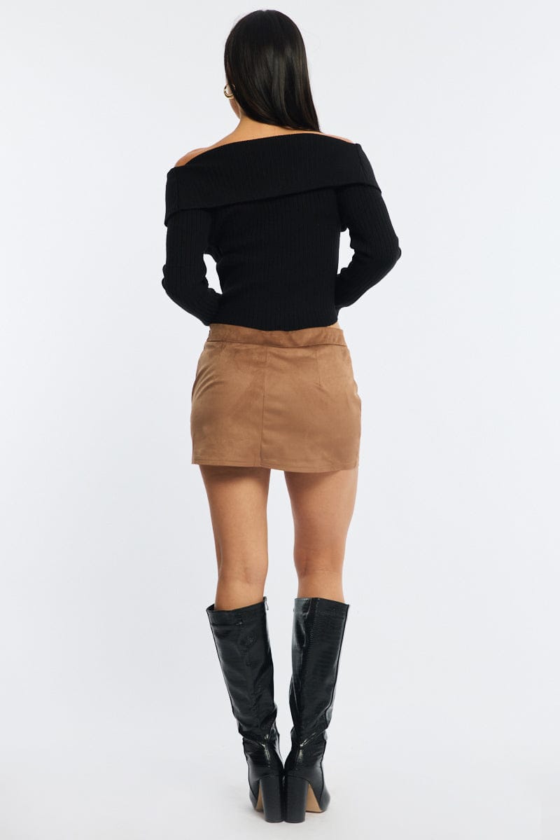 Beige Suede Mini Skort Skirt Mid Rise Faux Leather for Ally Fashion