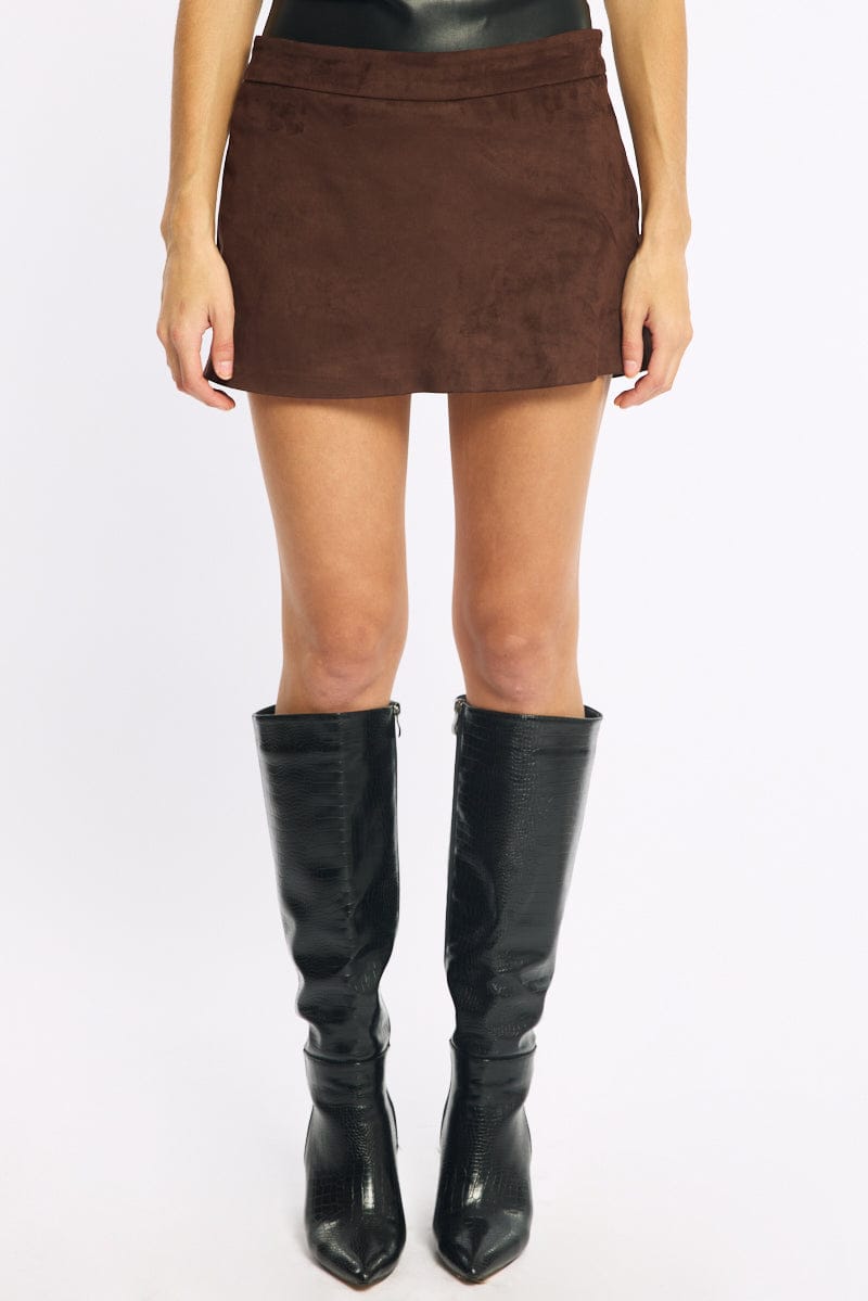 Brown Suede Mini Skort Skirt Mid Rise Faux Leather for Ally Fashion