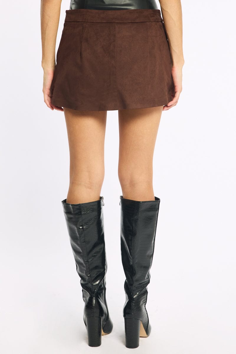 Brown Suede Mini Skort Skirt Mid Rise Faux Leather for Ally Fashion