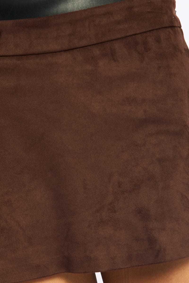 Brown Suede Mini Skort Skirt Mid Rise Faux Leather for Ally Fashion