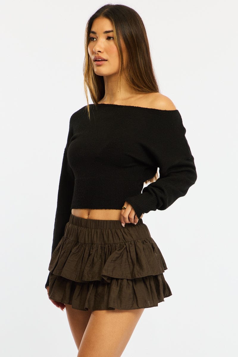 Brown Mini Ruffle Skort Skirt Elasticated Waist Textured for Ally Fashion