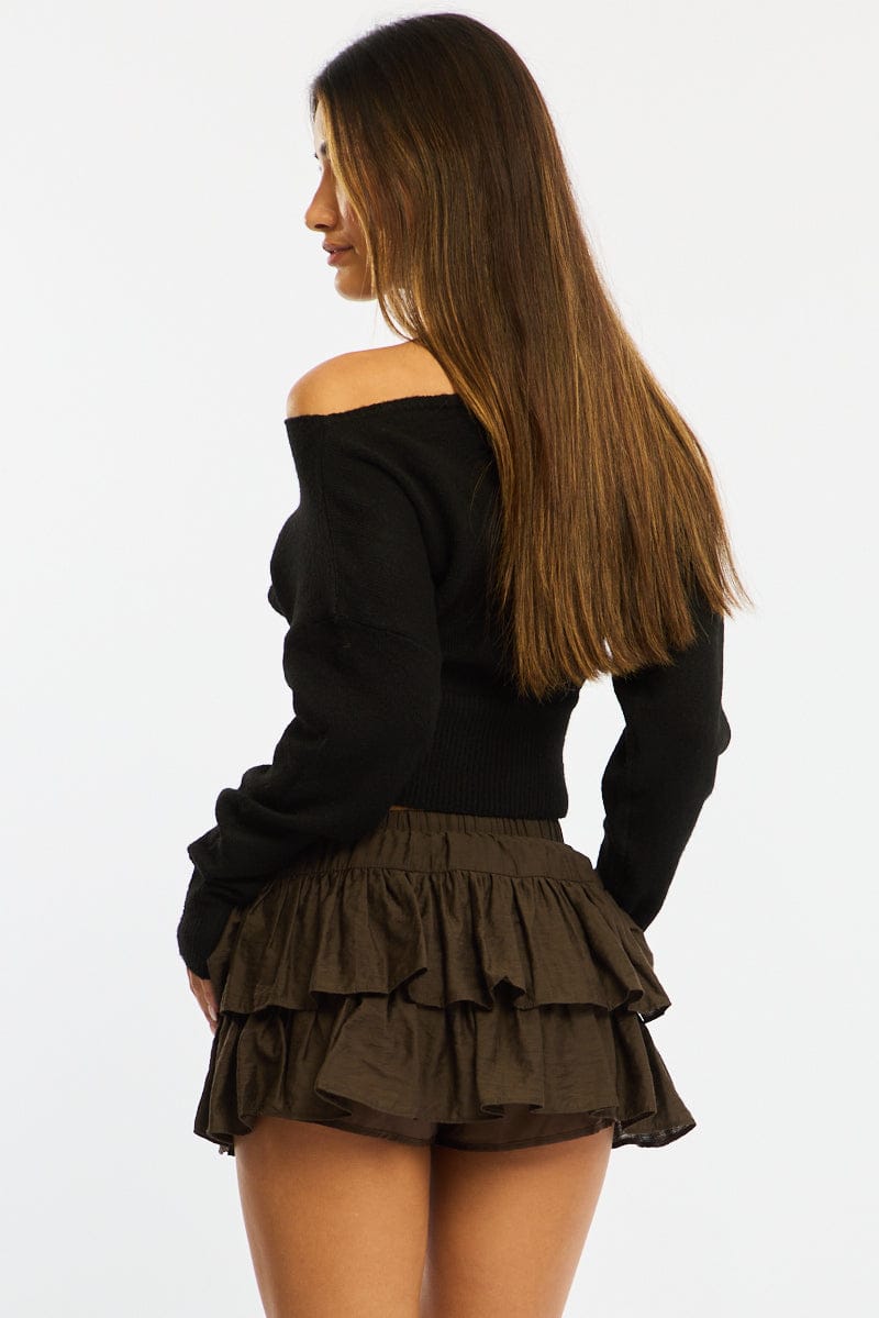 Brown Mini Ruffle Skort Skirt Elasticated Waist Textured for Ally Fashion