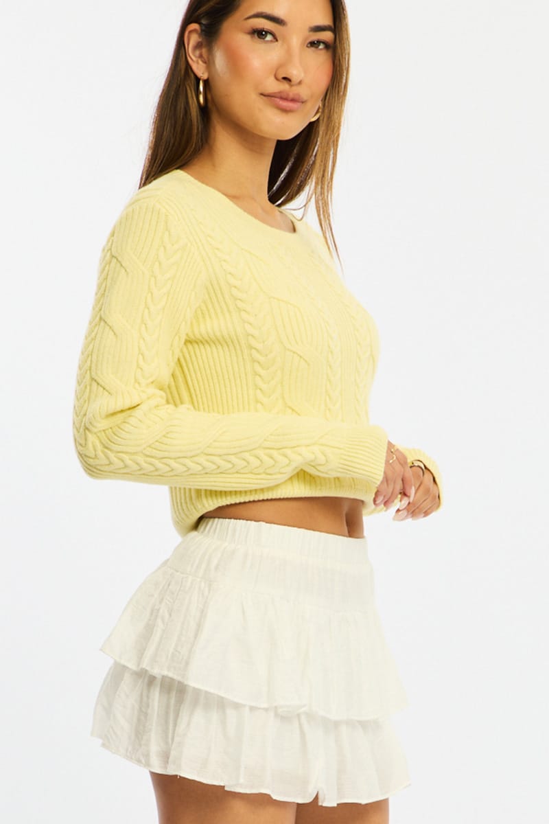 White Mini Ruffle Skort Skirt Elasticated Waist Textured for Ally Fashion