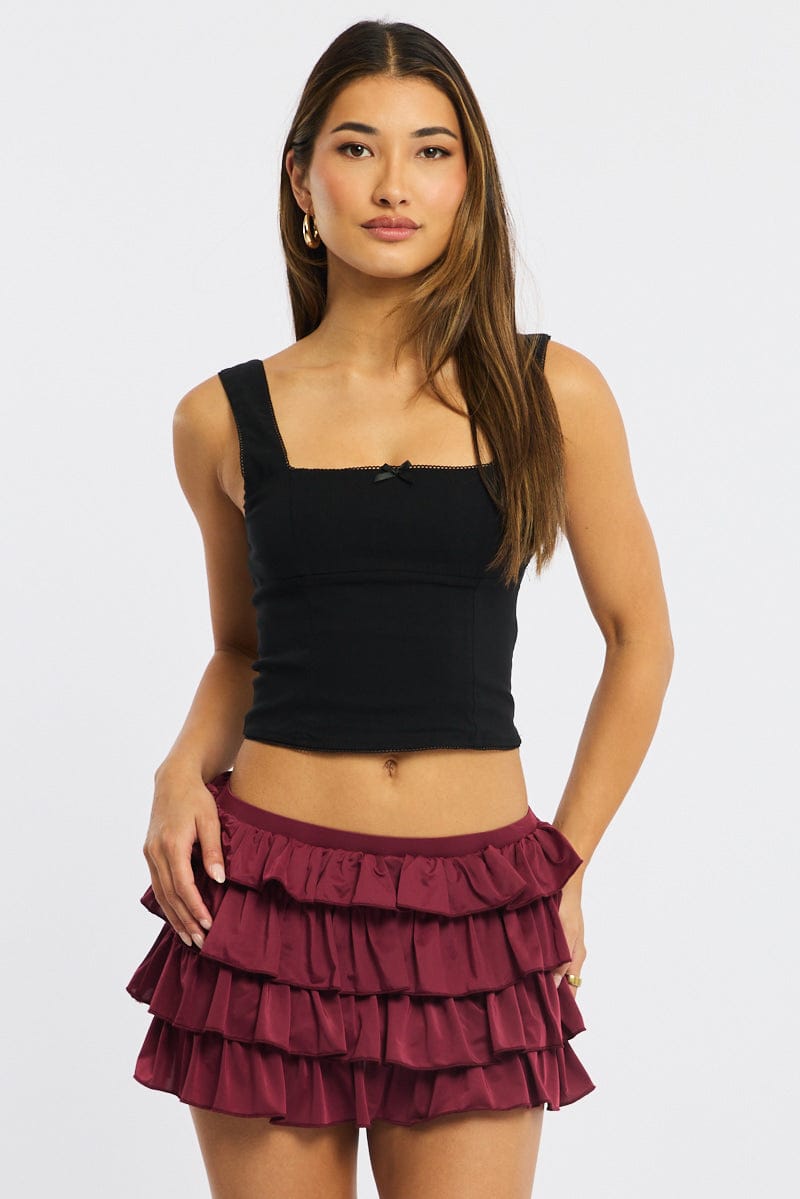 Red Bloomer Skort Skirt Elastic Waist Mid Rise Layered for Ally Fashion