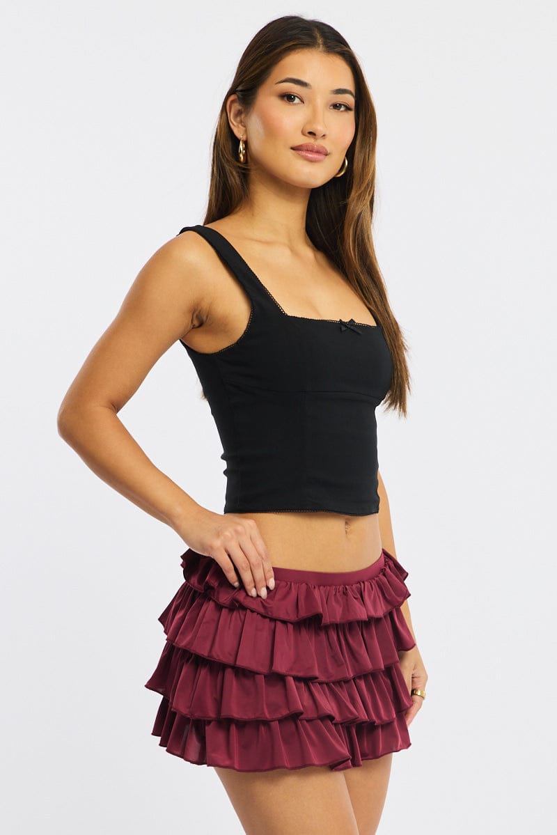 Red Bloomer Skort Skirt Elastic Waist Mid Rise Layered for Ally Fashion