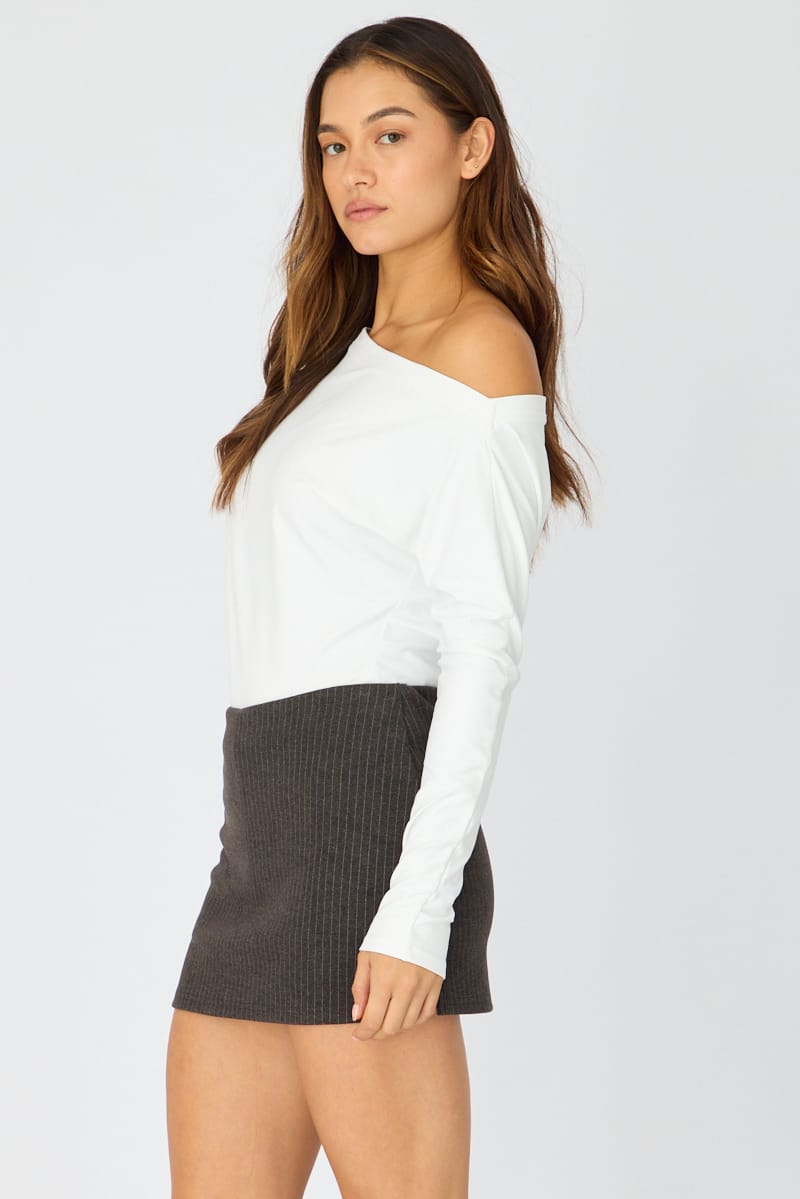 Grey Stripe Mini Skort Skirt Elasticated Waist Side Split for Ally Fashion