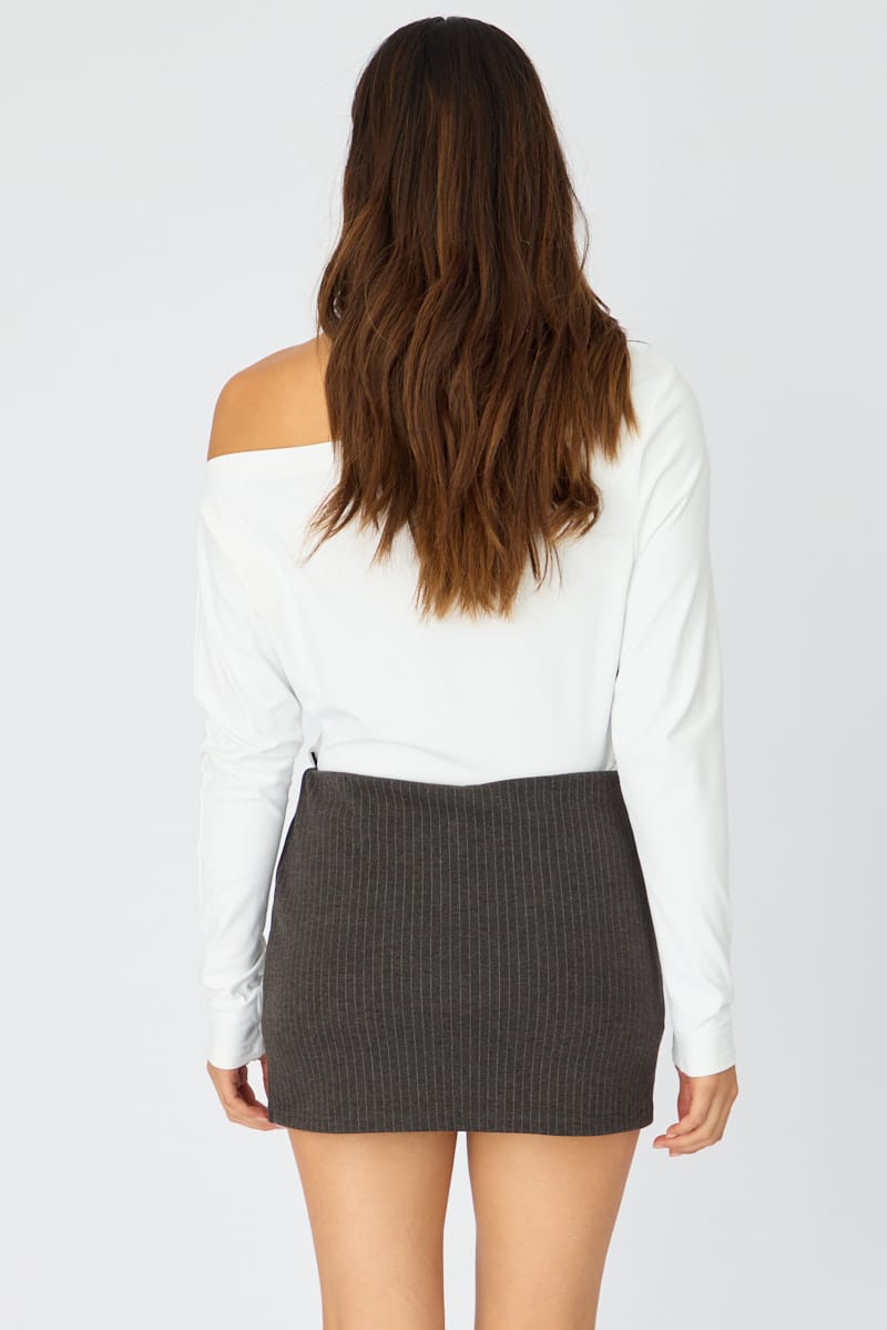 Grey Stripe Mini Skort Skirt Elasticated Waist Side Split for Ally Fashion