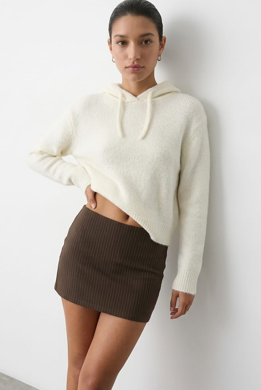 Brown Stripe Mini Skort Skirt Elasticated Waist Side Split for Ally Fashion