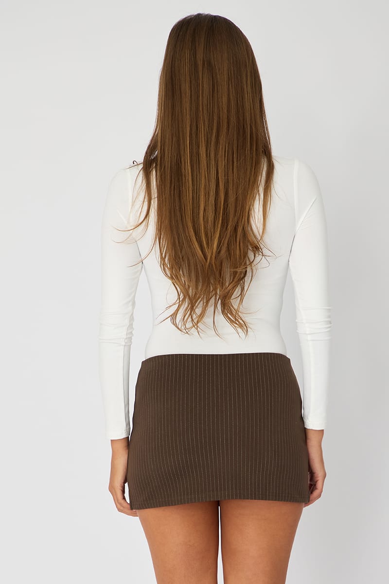 Brown Stripe Mini Skort Skirt Elasticated Waist Side Split for Ally Fashion