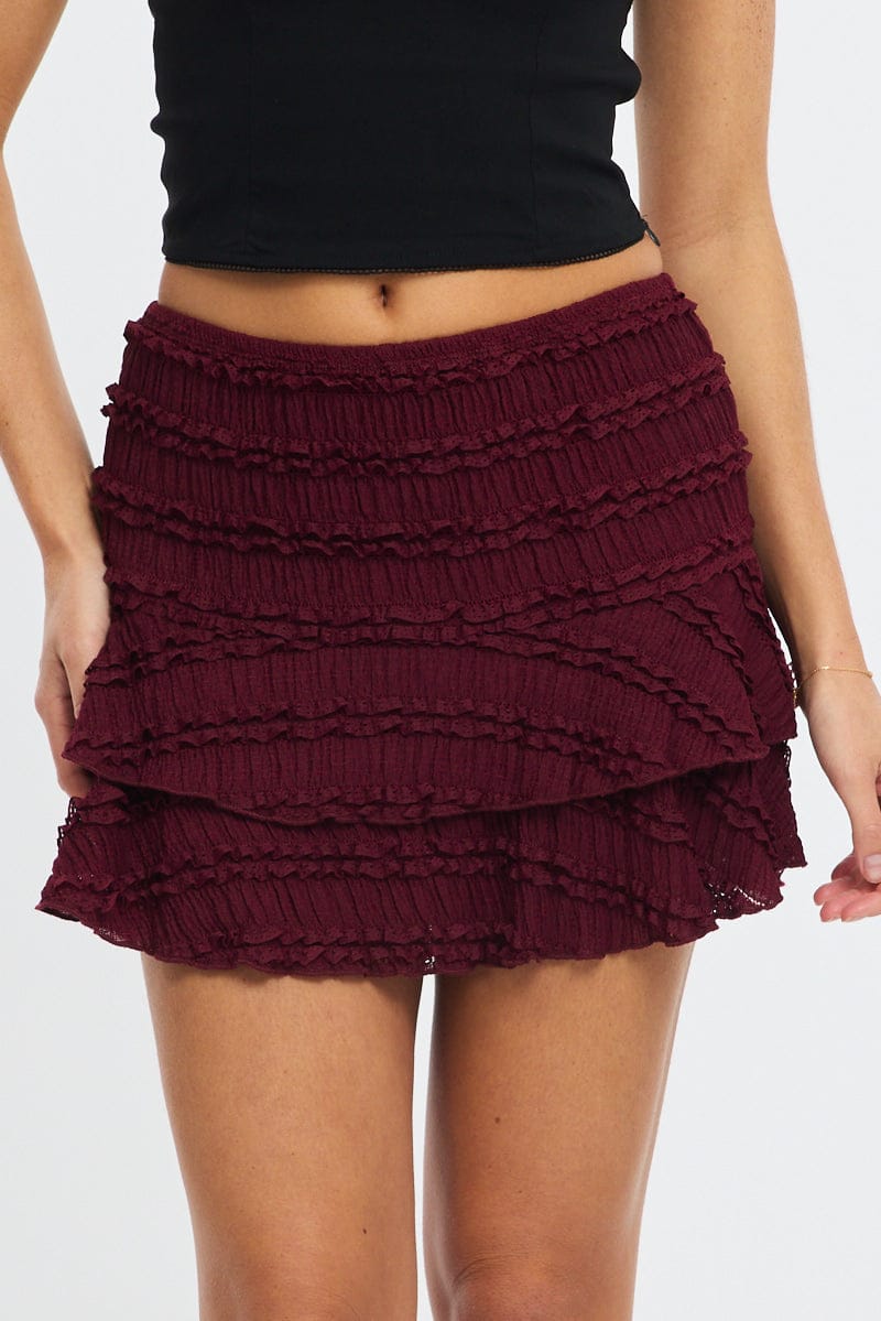 Red Mini Skort Skirt High Rise Textured Flared Layered for Ally Fashion