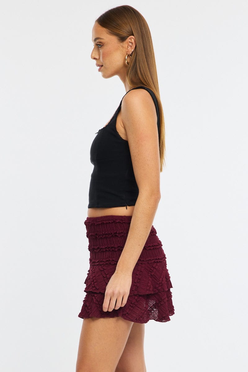 Red Mini Skort Skirt High Rise Textured Flared Layered for Ally Fashion