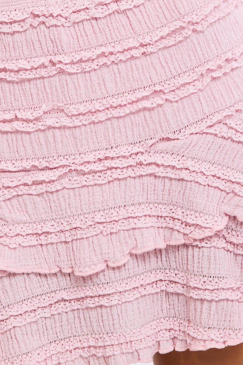 Pink Mini Skort Skirt High Rise Textured Flared Layered for Ally Fashion