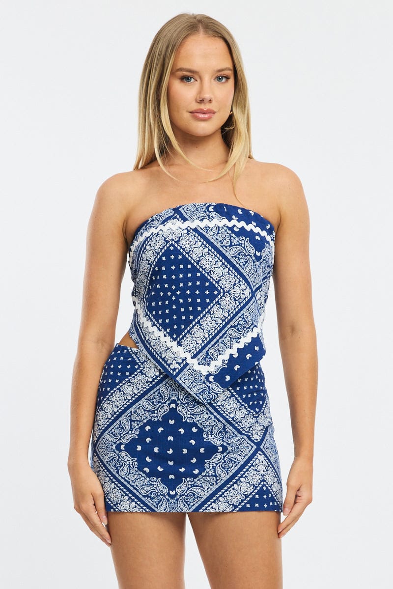 Blue Paisley Linen Blend Mini Skort High Rise Shorts Lined for Ally Fashion