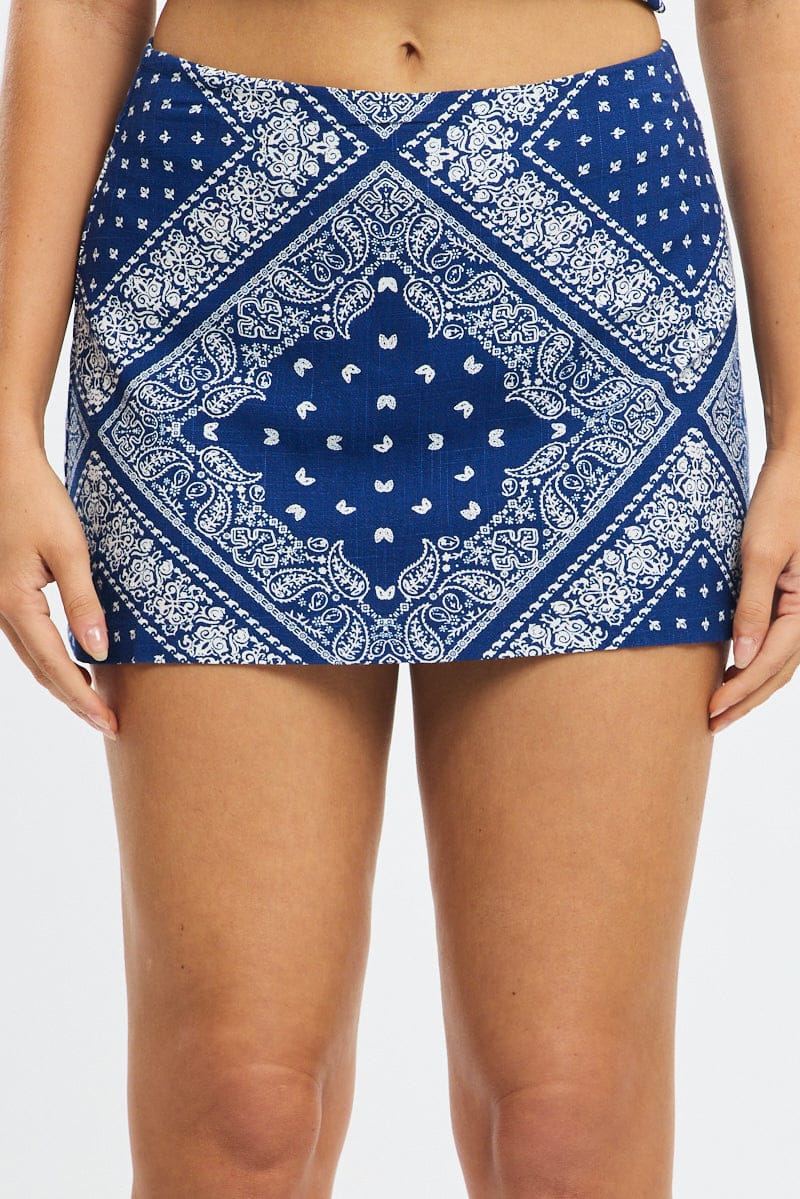 Blue Paisley Linen Blend Mini Skort High Rise Shorts Lined for Ally Fashion