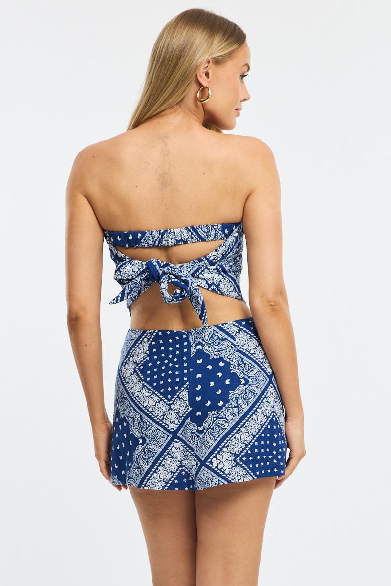 Blue Paisley Linen Blend Mini Skort High Rise Shorts Lined for Ally Fashion