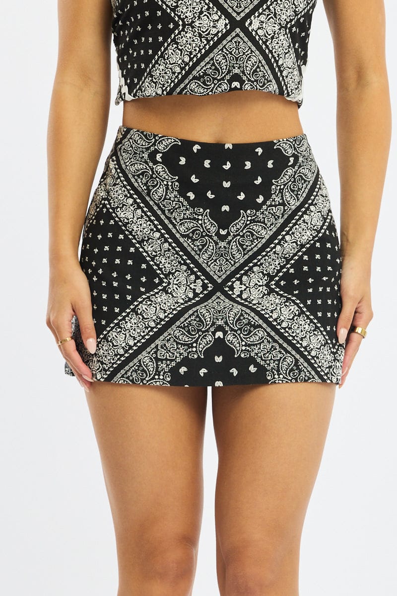 Black Paisley Linen Blend Mini Skort High Rise Shorts Lined for Ally Fashion