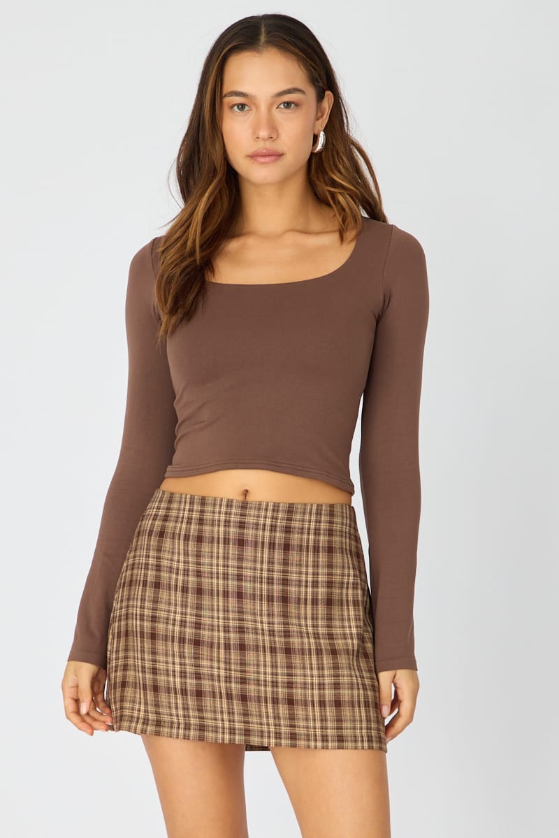 Brown Check Mini Skort Skirt High Rise Tailored for Ally Fashion