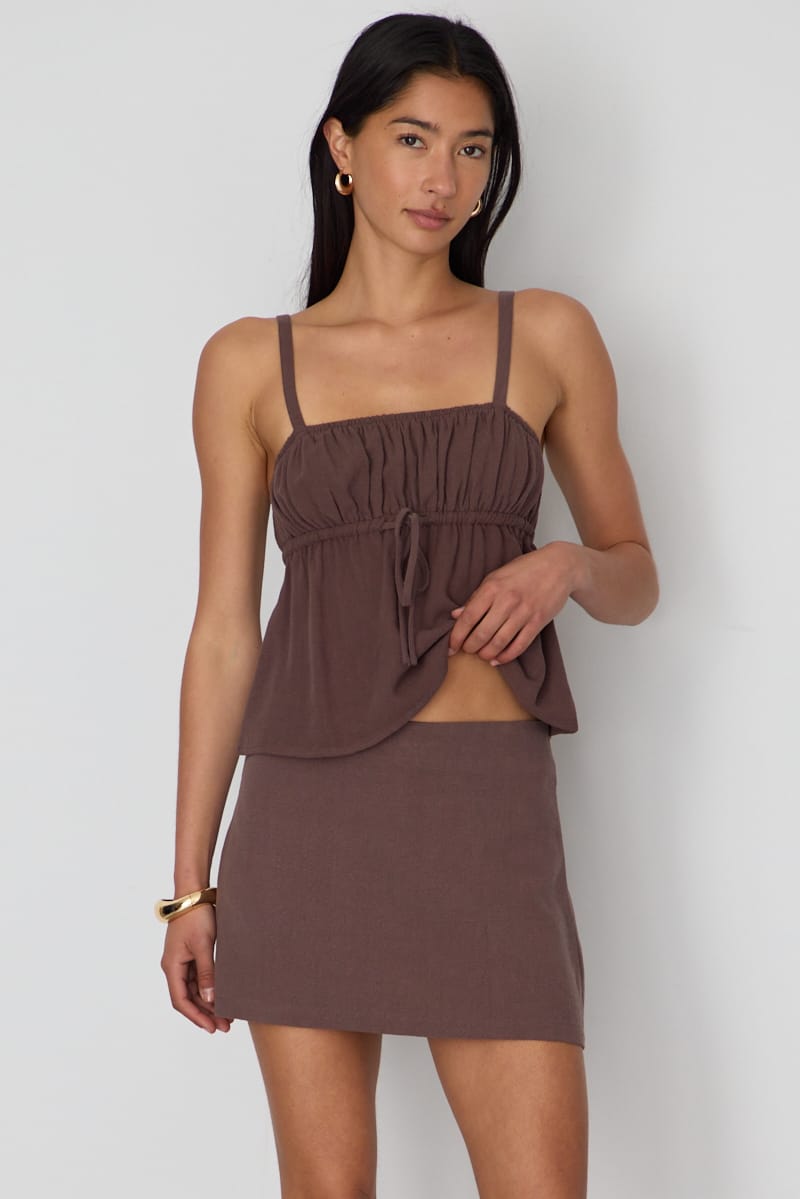 Brown Linen Blend Mini Skort High Rise Shorts Lined for Ally Fashion
