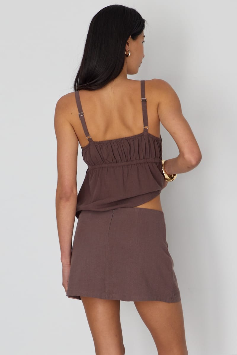 Brown Linen Blend Mini Skort High Rise Shorts Lined for Ally Fashion