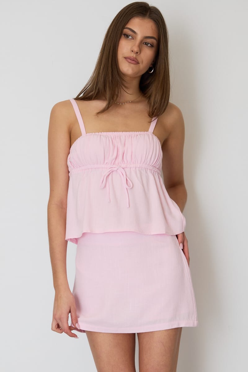 Pink Linen Blend Mini Skort High Rise Shorts Lined for Ally Fashion