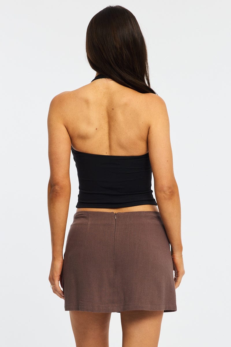 Brown Linen Blend Mini Skort High Rise Shorts Lined for Ally Fashion