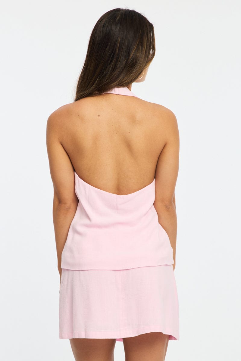 Pink Linen Blend Mini Skort High Rise Shorts Lined for Ally Fashion